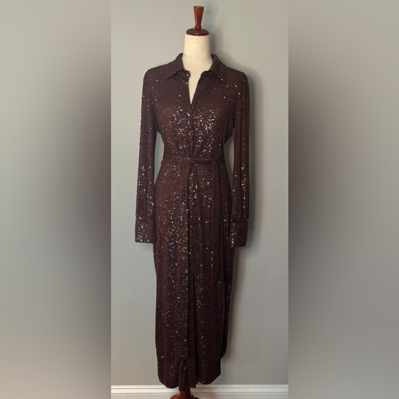 Cara Cara Margaret long sleeve dequin shirtdress in rum raisin size M - Picture 5 of 8